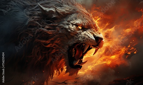 Lion Roaring in Front of Fire