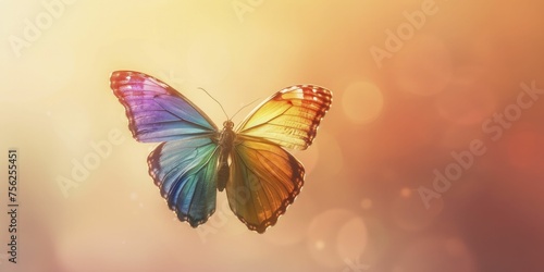 An animated butterfly with wings transitioning through pride flag colors signifies transformation in a pastel setting.