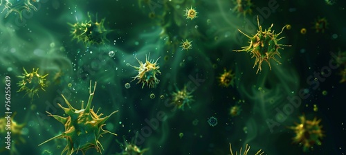 Blooming Bacteria A Vibrant Display of Microbes in a Greenish Haze Generative AI © Satyam
