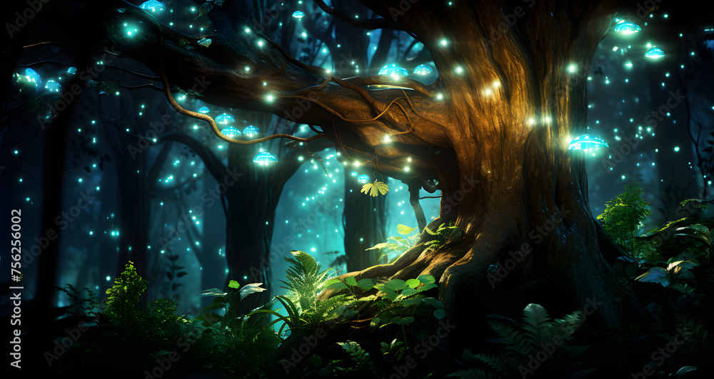 a fairy forest with trees and many glowing lights