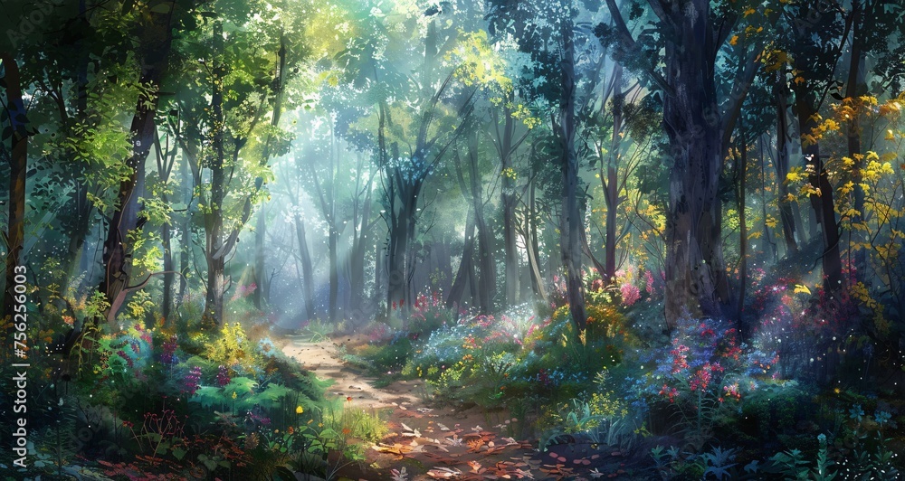 Obraz premium Autumn Leaves on a Path in the Woods Generative AI