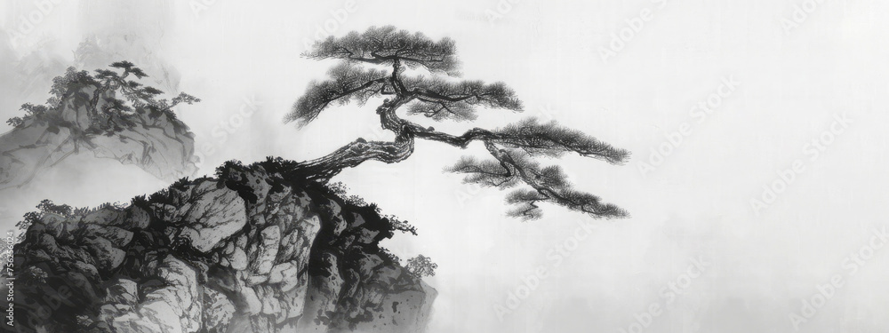 Obraz premium Traditional Chinese ink painting depicting an ethereal landscape with a lone tree on a misty cliff, exuding tranquility