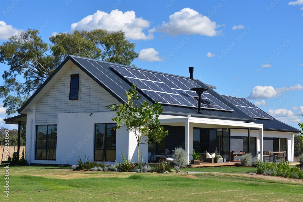 Solar-Powered Home with Green Roof and Solar Chimney Generative AI Solar-Powered Home with Green Roof and Solar Chimney Generative AI