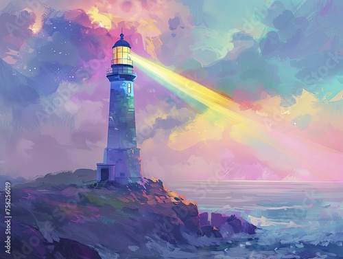 An illustration of a lighthouse beam shining in rainbow hues, guiding ships to safe harbor with the light of acceptance, against a tranquil pastel sky.