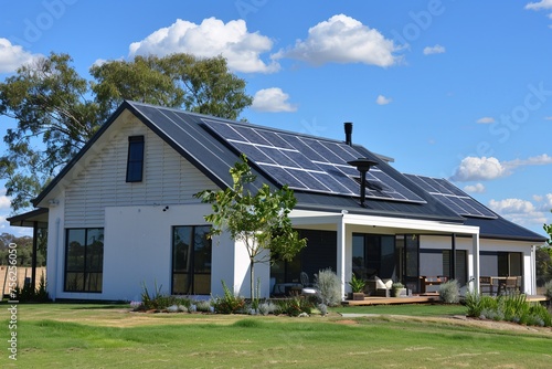 Solar-Powered Home with Green Roof and Solar Chimney Generative AI