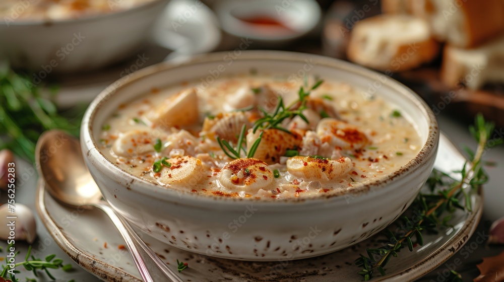 Clam chowder on a white plate Clam chowder on a white plate