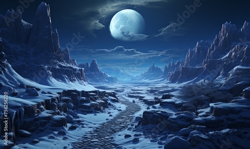 Snowy Landscape With Path Leading to Full Moon