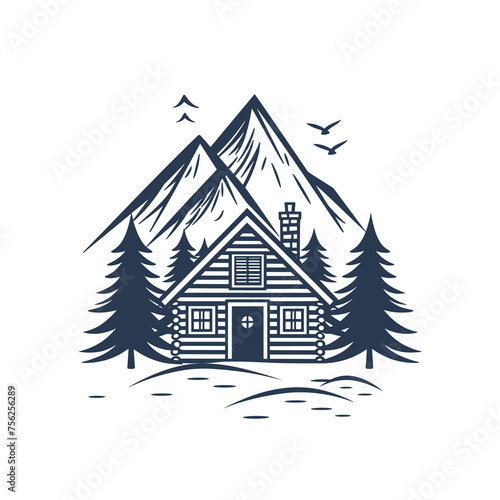 Cabin in mountains linear vector nature emblem isolated on white, log cabin cottage for rest in pine forest