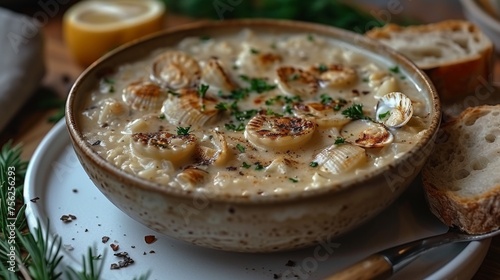 Clam chowder on a white plate