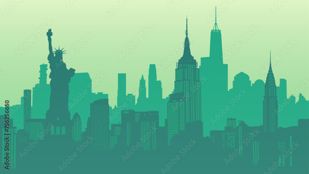 New York City, United States. Silhouette vector background of Manhattan cityscape. Statue of Liberty, Empire State Building, Rockefeller Plaza, Office Building. Travel illustration - obrazy, fototapety, plakaty 