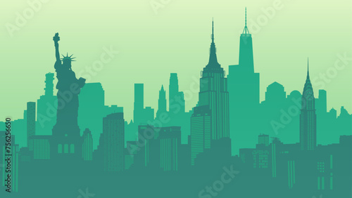 New York City, United States. Silhouette vector background of Manhattan cityscape. Statue of Liberty, Empire State Building, Rockefeller Plaza, Office Building. Travel illustration photo
