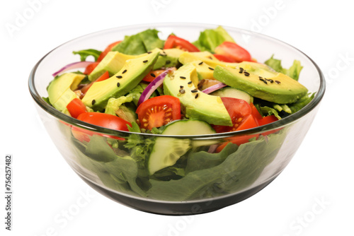 Avocado Salad, a colorful salad made with vegetables such as tomatoes, cucumbers, and lettuce, topped with a honey-lime vinaigrette. Focus on freshness Isolated on transparent background.