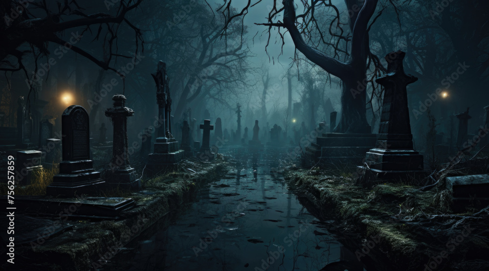 Creepy old cemetery at nigh, full moon in the background: horror and Halloween concept
