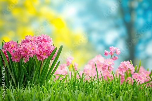 A field of pink flowers with green grass in the background