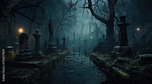 Creepy old cemetery at nigh  full moon in the background  horror and Halloween concept