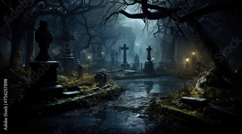 Creepy old cemetery at nigh  full moon in the background  horror and Halloween concept