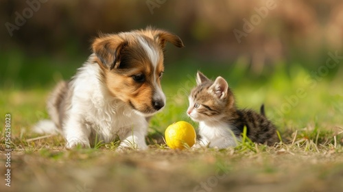 A dog and a cat are playing with a yellow ball in a grassy field