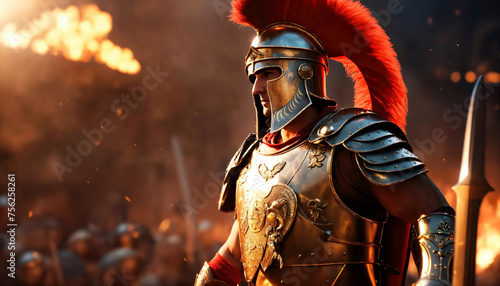 Roman male legionary (legionaries) wear helmet with crest, gladius spear, sword and a scutum shield, heavy infantryman, soldier of the army of the Roman Empire, on Rome, army legion on background