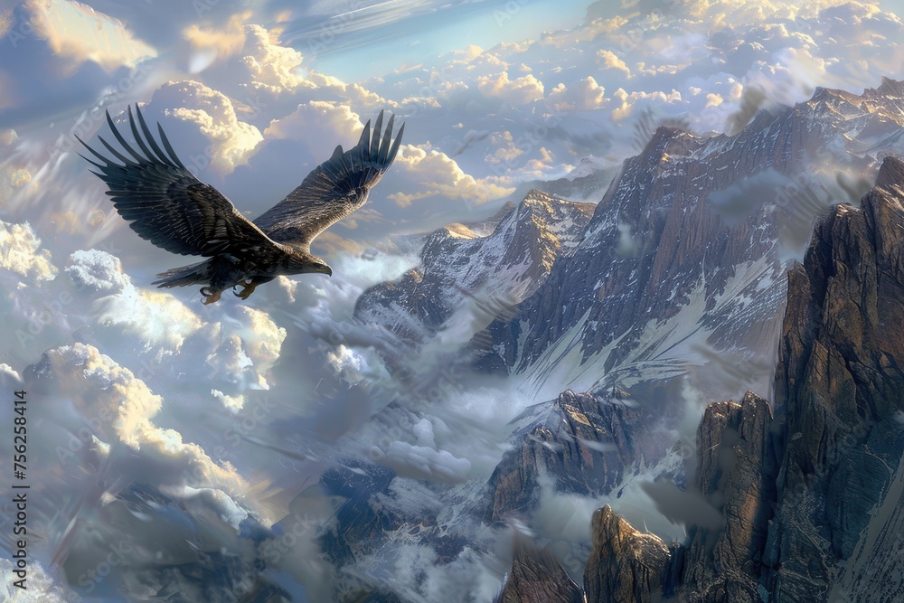A mountaintop where giant eagles with feathers of metal soar above the clouds A mountaintop where giant eagles with feathers of metal soar above the clouds