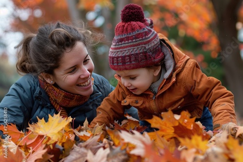 A mom and toddler playing in a pile of autumn leaves capturing the joy of fall