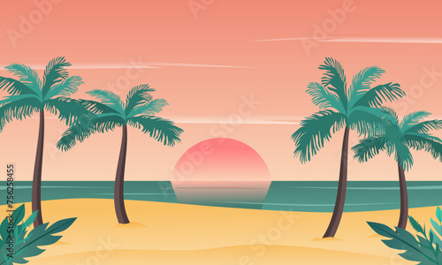 Sunset on the beach with palm trees. Vector illustration.