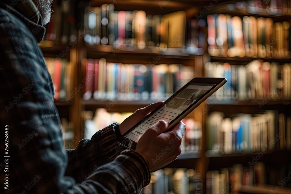 A user browsing through a digital library on a tablet accessing a vast collection of e-books A user browsing through a digital library on a tablet accessing a vast collection of e-books