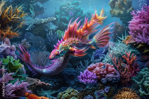 A vibrant coral reef where every fish is a miniature aquatic dragon with vivid scales and fins