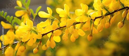 A close up of a Forsythia tree branch, showcasing yellow flowers and vibrant green leaves. This terrestrial plant is a perfect addition to any garden or landscape