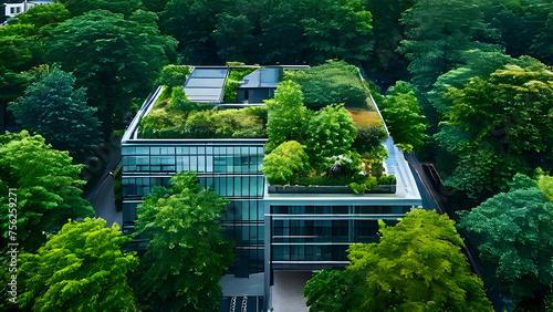 A Eco green building adorned with an abundance of trees and shrubs, featuring a green roof and plant-covered walls to accentuate urban greenery. Perfect for Earth Day, World Environment Day