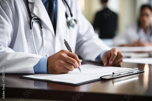 Close-up of a doctor taking notes. Medicine and healthcare concept
