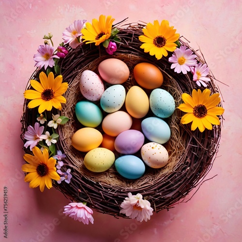 Colorful pastel themed assortment of easter eggs  bright springtime colors