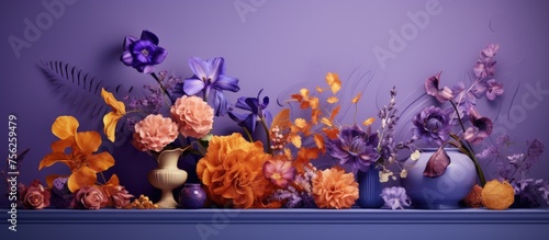 Abstract floral pattern with geometrically arranged items on a violet backdrop