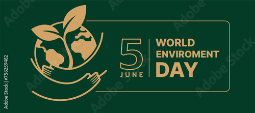 World Enviroment Day - Brown line hand hold hug circle globe earth with plant leaf sign on dark green background vector design