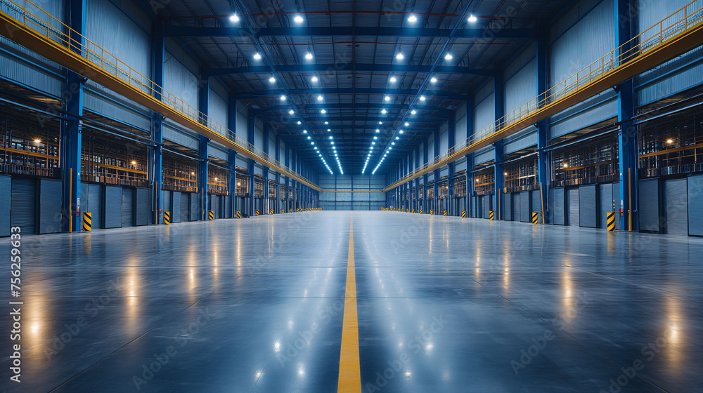 Modern empty warehouse interior with symmetrical perspective, blue lighting, and reflective floor.