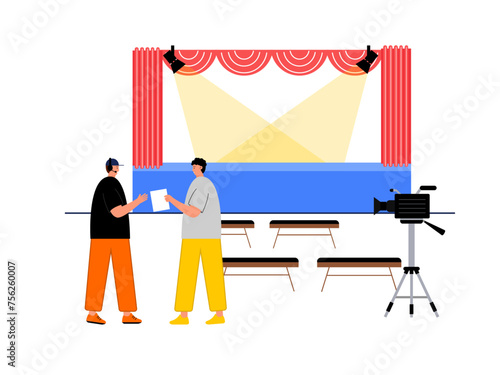 Crew is preparing for a theatrical event. Theatre vector illustration.
