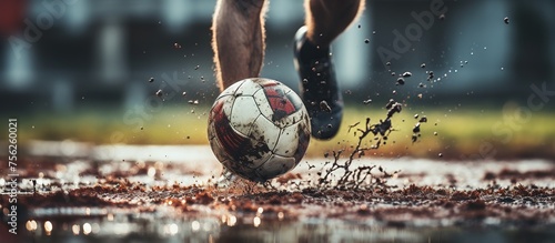Photo shot of legs soccer player dribbling ball