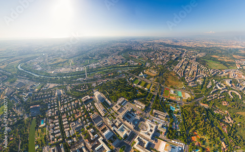 Rome  Italy. World Exhibition Quarter - EUR. Panorama of the city on a summer morning. Sunny weather. Aerial view