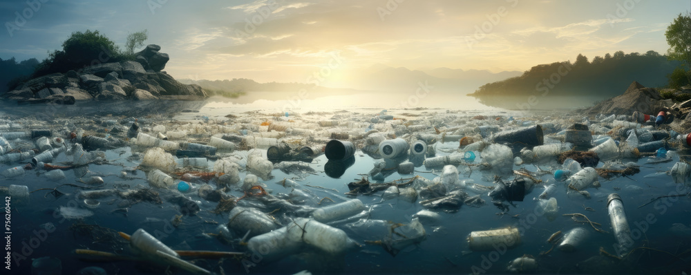 Pollution concept. Lot of plastic bottles or garbage in lake. - obrazy, fototapety, plakaty 