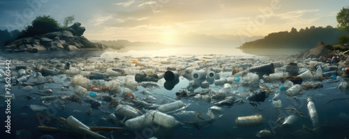 Pollution concept. Lot of plastic bottles or garbage in lake.