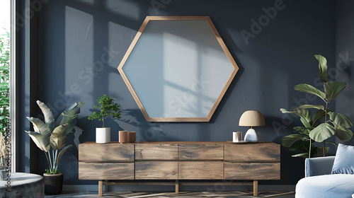 Hexagonal shape mockup photo frame wooden border, on chest drawer in modern living room, 3d render photo