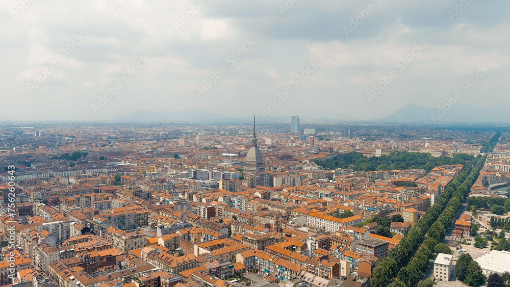 Turin, Italy. Mole Antonelliana - Majestic building from the 19th century. Panorama of the city. Summer day, Aerial View