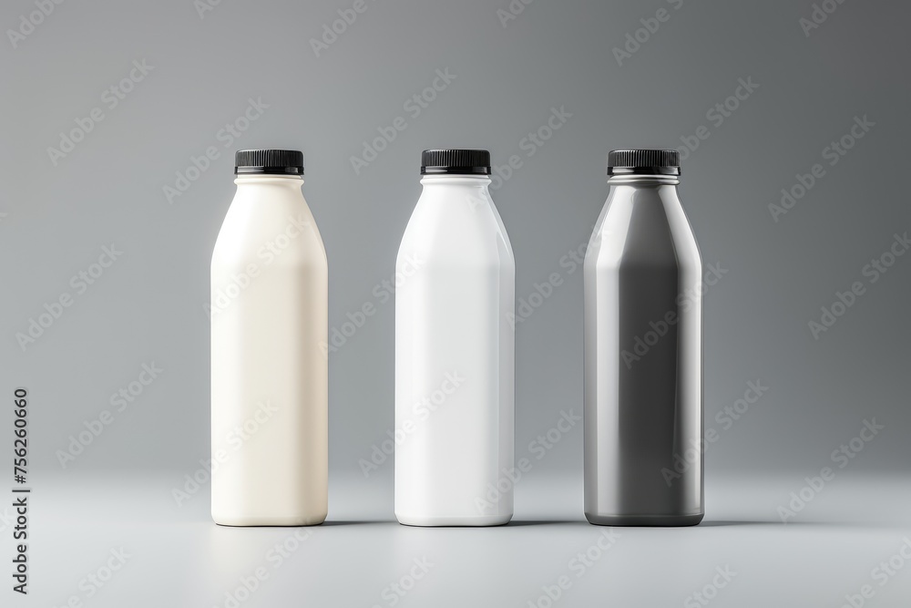 Three Gradient Beverage Bottles Mockup on Gray Background. Three Gradient Beverage Bottles Mockup on Gray Background.