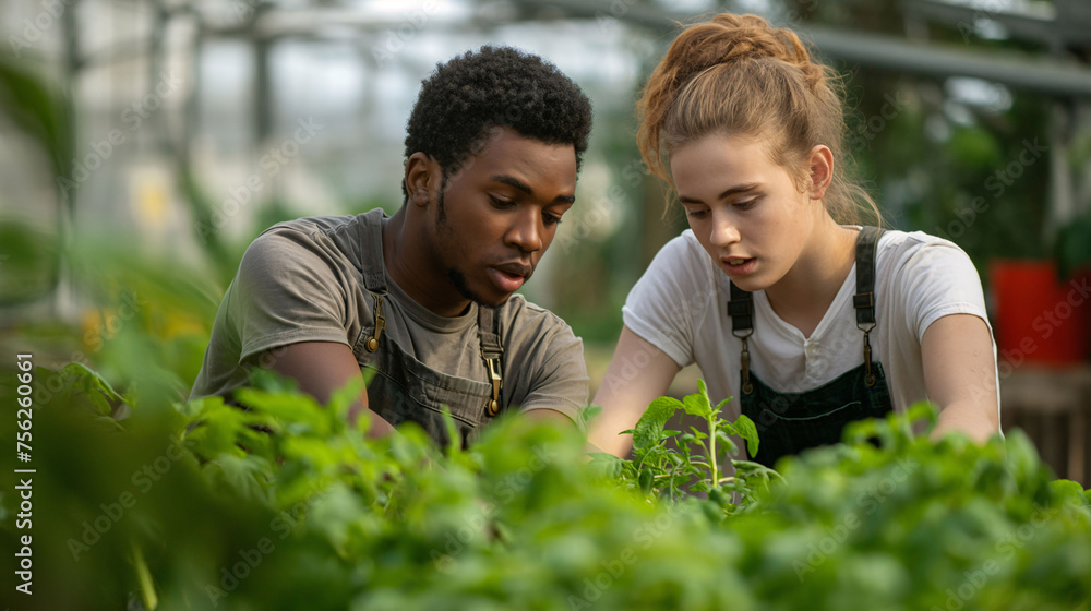 Two people examining plants in a greenhouse, focusing on sustainable agriculture. Two people examining plants in a greenhouse, focusing on sustainable agriculture.