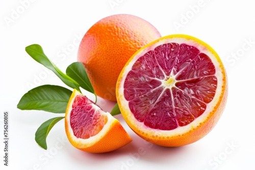 Juicy red orange with leaves isolated on a white background.