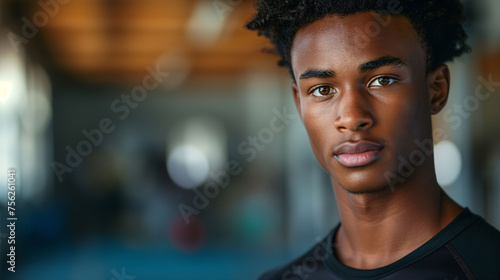 Portrait of a young man with curly hair, looking thoughtfully at the camera, blurred background.