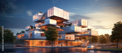 Modern building project visualized in 3D.