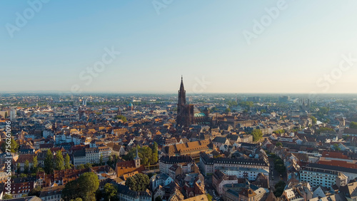 Strasbourg, France. Strasbourg Cathedral - Built in the Gothic style, the cathedral of the 13th century. Summer morning, Aerial View