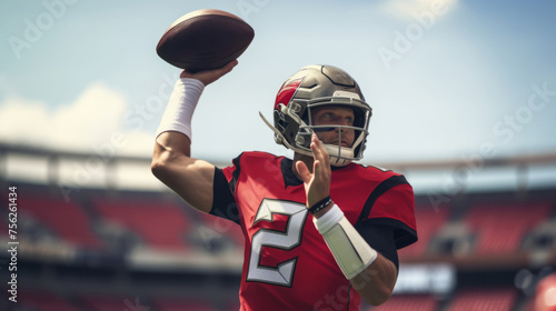 American football player in action in front of the stadium with fans. Quarterback throws the ball