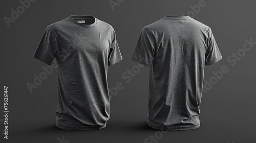 Blank gray t-shirts on a gray background, front and back view, suitable for mock-up designs.