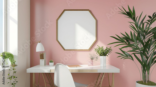 Hexagonal shape mockup photo frame resin border  on study desk in modern living room  3d render